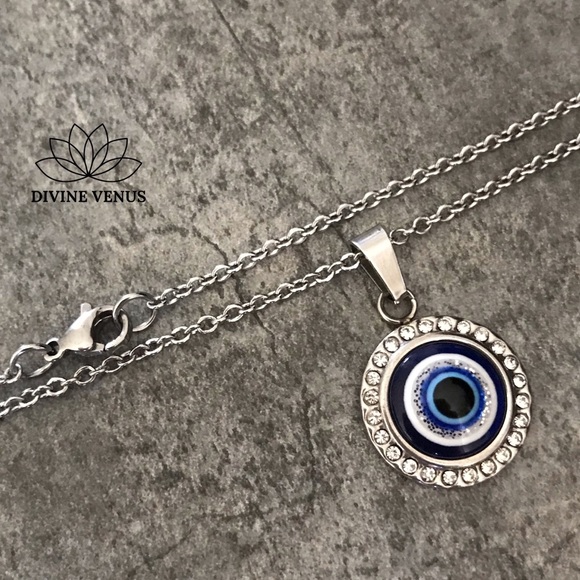 Evil Eye Round Pendant Stainless Steel Necklace - Picture 6 of 8